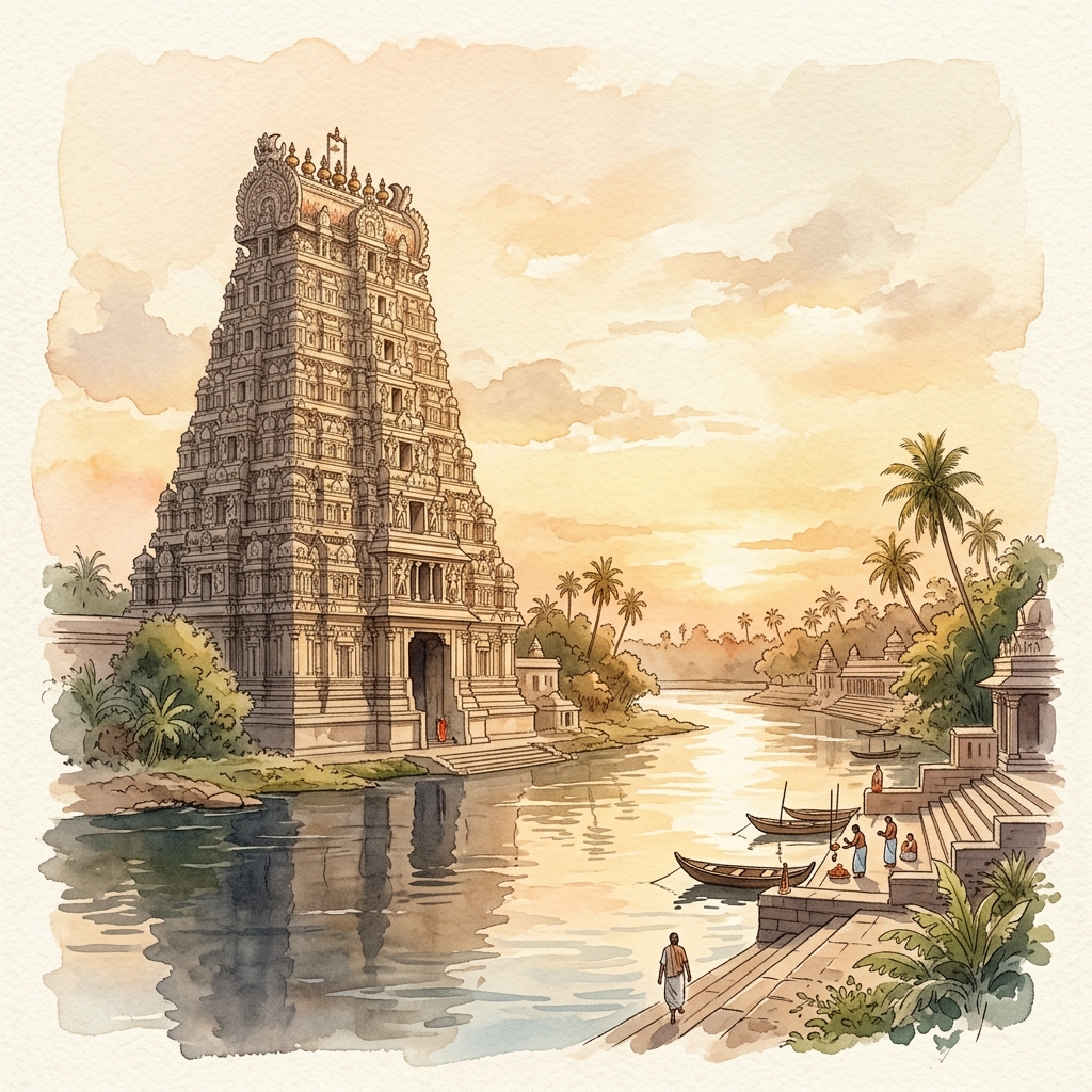 Ambasamudram Temple Gopuram Watercolor